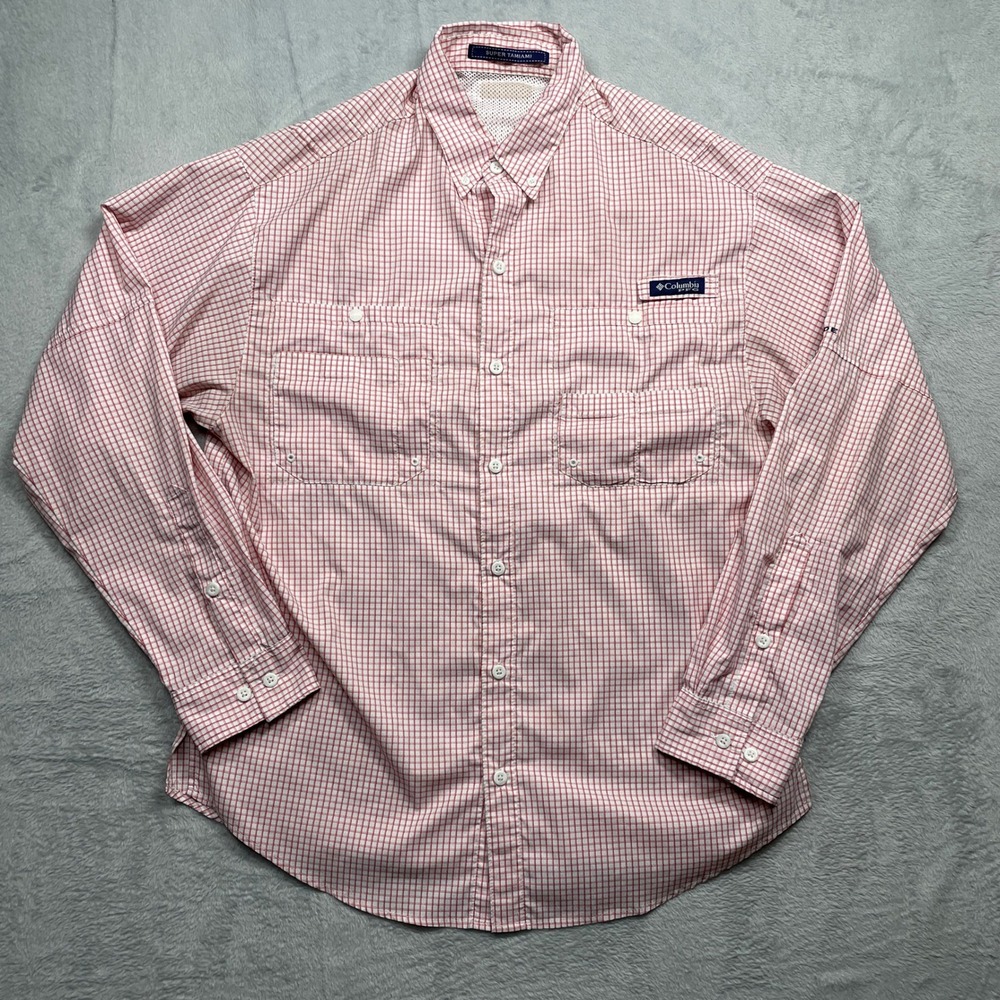 Columbia PFG Super Tamiami Shirt Mens Medium Red White Plaid Fishing Long Sleeve